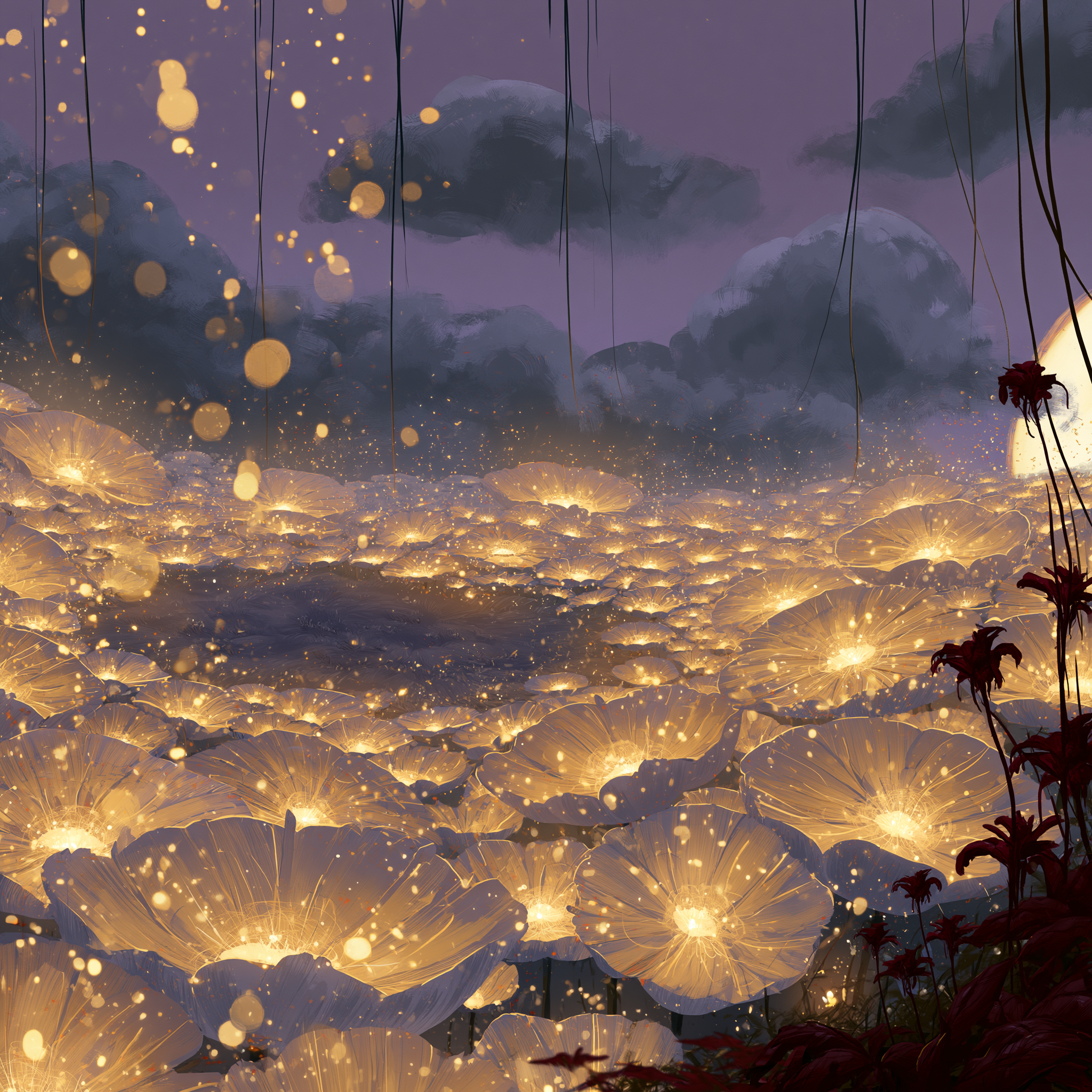 A small figure sits in a crater of luminous cream flowers under a violet sky