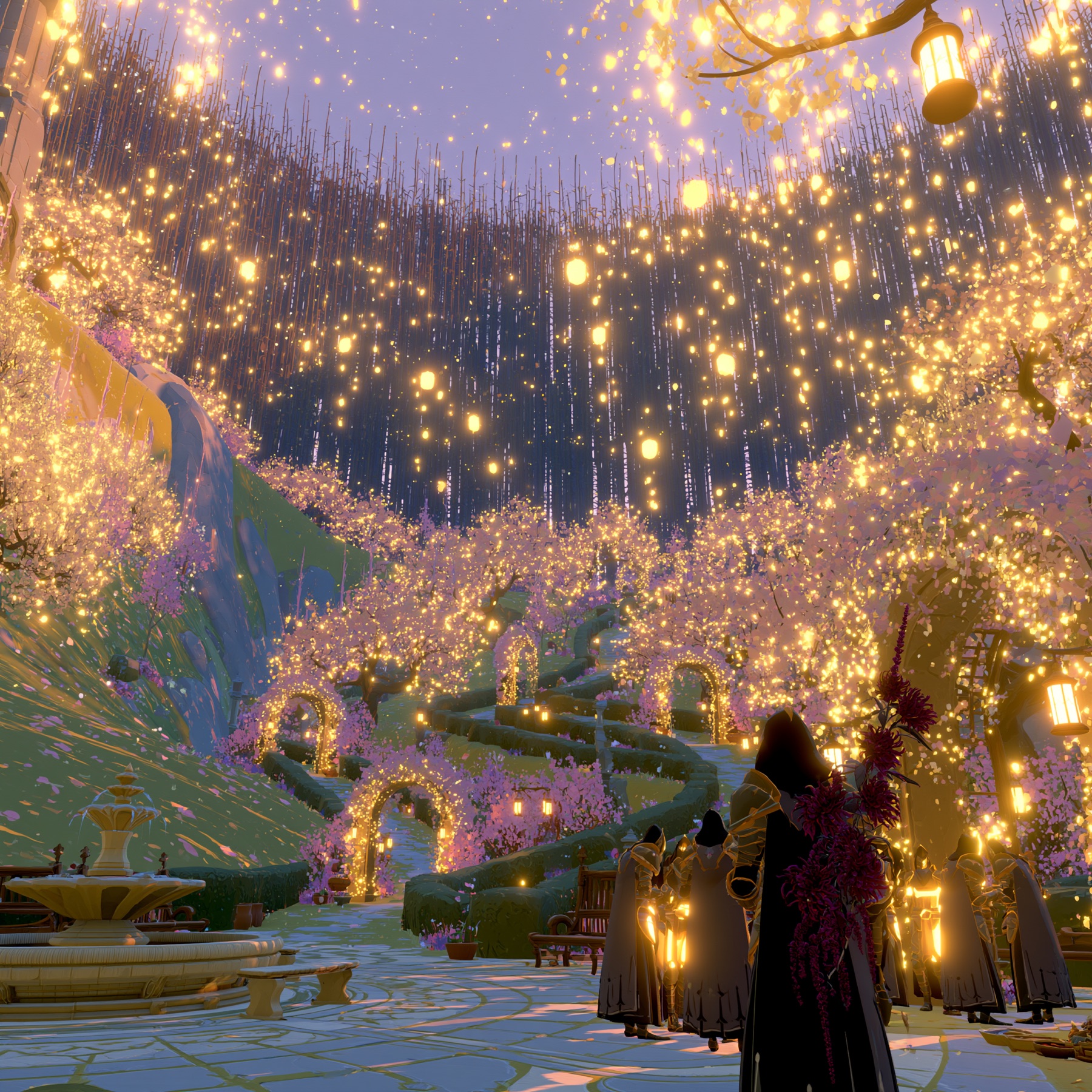 Cloaked figures in golden armor walk beneath cascading lantern light in a terraced garden