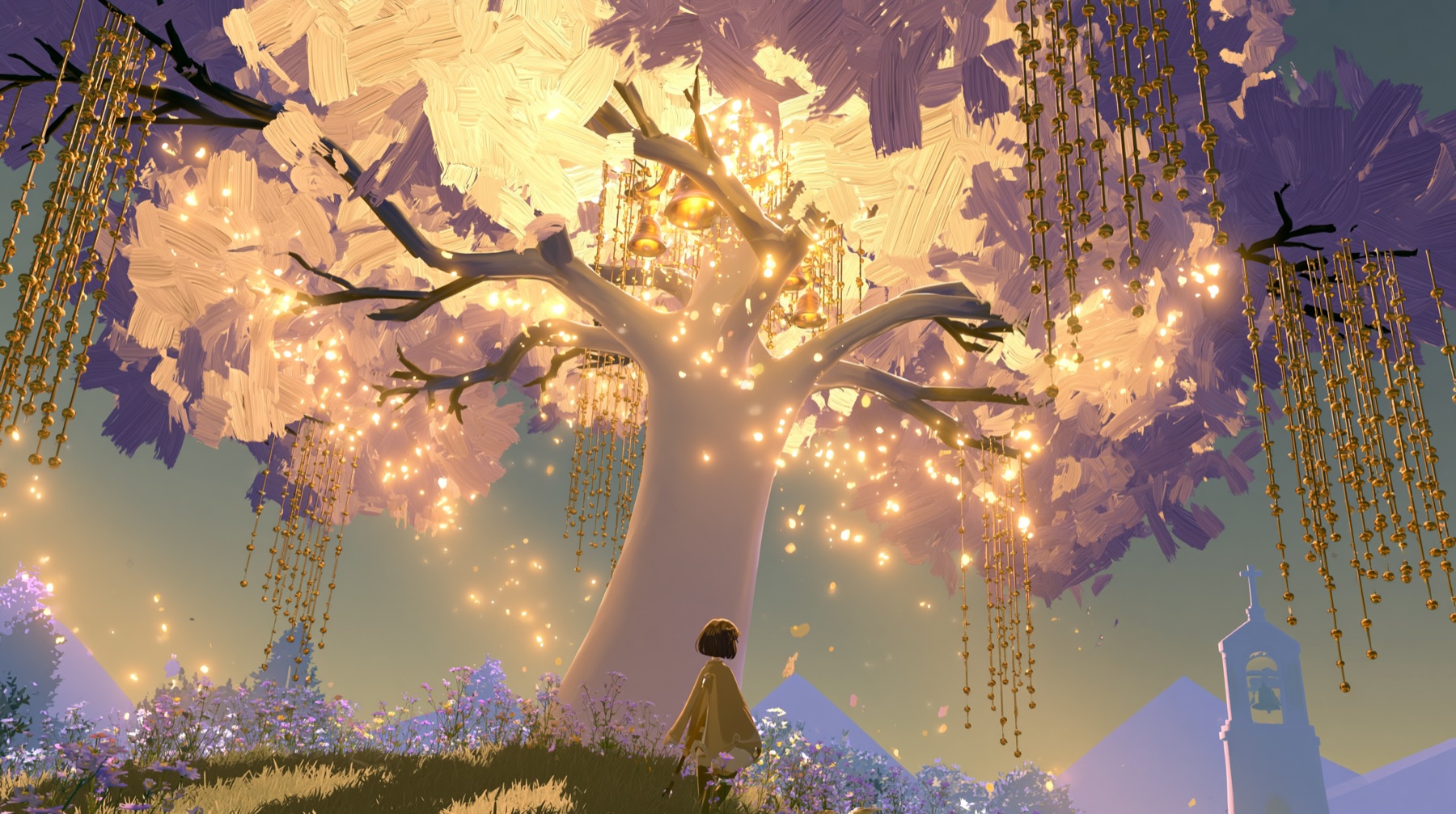 A child in a yellow cloak stands before a vast pale tree hung with golden bells