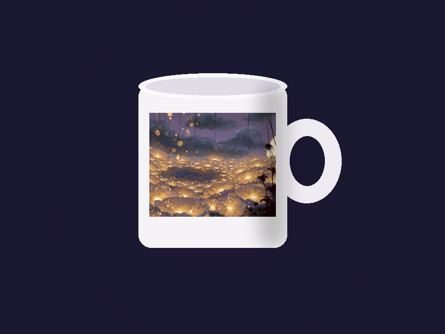 White ceramic mug wrapped with the glowing flower field art